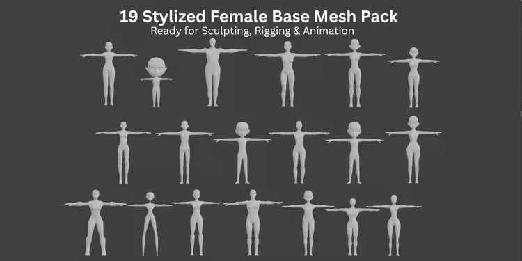 19 Stylized Female Base Mesh Pack